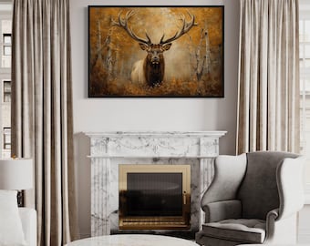 Elk In Autumn Wall Art - Wildlife In Fall Forest Painting Canvas Print - Deer Artwork -  Framed Ready To Hang
