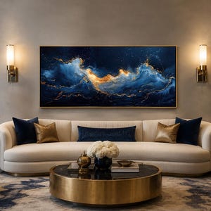 Abstract Navy Blue Gold Ocean Wave Painting Canvas PRINT, Minimalist Modern Ocean At Night Wall Art, Seascape, Art For Mens Bed image 10