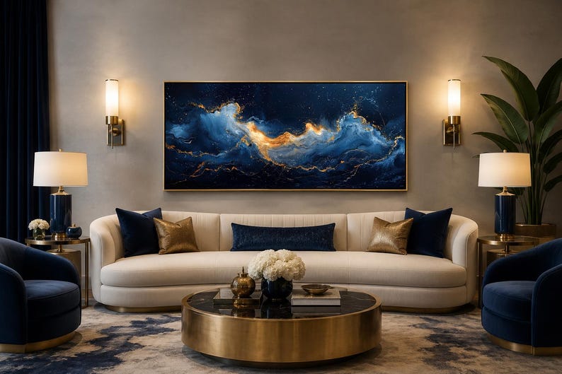 Abstract Navy Blue Gold Ocean Wave Painting Canvas PRINT, Minimalist Modern Ocean At Night Wall Art, Seascape, Art For Mens Bed image 10
