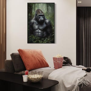 a large, dark-colored gorilla sitting in a lush, green forest setting, with a cozy living room scene in the background.