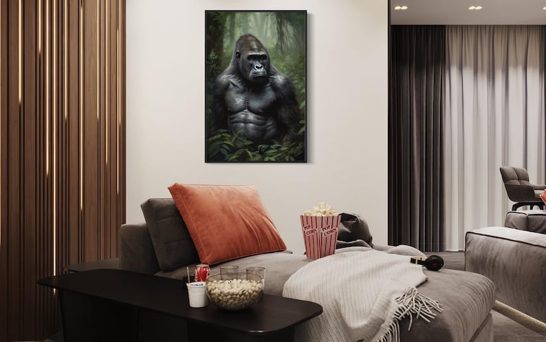 a large, dark-colored gorilla sitting in a lush, green forest setting, with a cozy living room scene in the background.