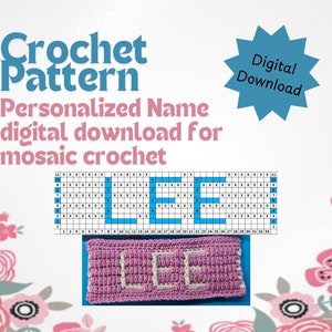 May include: A digital download crochet pattern for a personalized name. The pattern is for mosaic crochet and includes a chart with the letters "LEE" in blue squares.