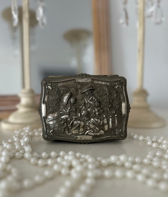 Small Rectangular Antique Silver Metal Jewelry Box / Treasure