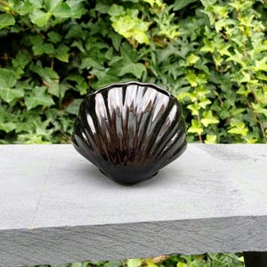 May include: A glossy black seashell-shaped ceramic bowl. The bowl has a scalloped rim and a textured, ridged surface. The bowl is sitting on a gray surface with a green leafy background. This decorative bowl is suitable for home decor.