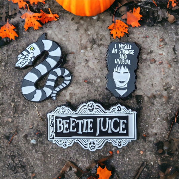 Beetlejuice Enamel Pins / Strange and unusual pin set / gothic brooch pins set / Cute beetle juice pin / Halloween push back pin fashion pin