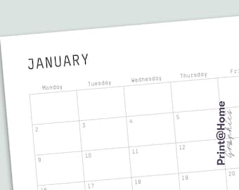 Calendario mensual en blanco imprimible, Calendario minimalista simple, A4, Páginas horizontales, Descarga instantánea en PDF, planificador de estudios uni, estudiante