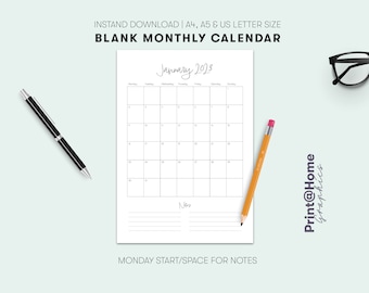 Calendario planificador mensual imprimible, A4, A5 carta estadounidense, páginas verticales, PDF imprimible, compatible con tinta, descarga instantánea.