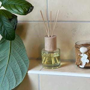 Könnte beinhalten: Ein klarer Glas-Aromatherapie-Diffusor mit Holzaufsatz und Stäbchen. Der Diffusor enthält eine gelbe Flüssigkeit. Rechts befindet sich ein dekoratives Glasgefäß, das mit Jute umwickelt ist und mit einer Muschel und einem Seepferdchen verziert ist.