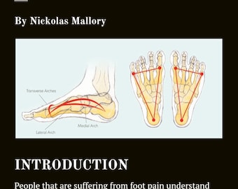 May include: Illustration of the human foot showing the plantar fascia and arches. The text reads "Plantar Fascia Foot Pain Correction" and "Introduction". The text explains that foot pain is often caused by issues in the muscles of the foot, lower and upper leg, hips, etc.