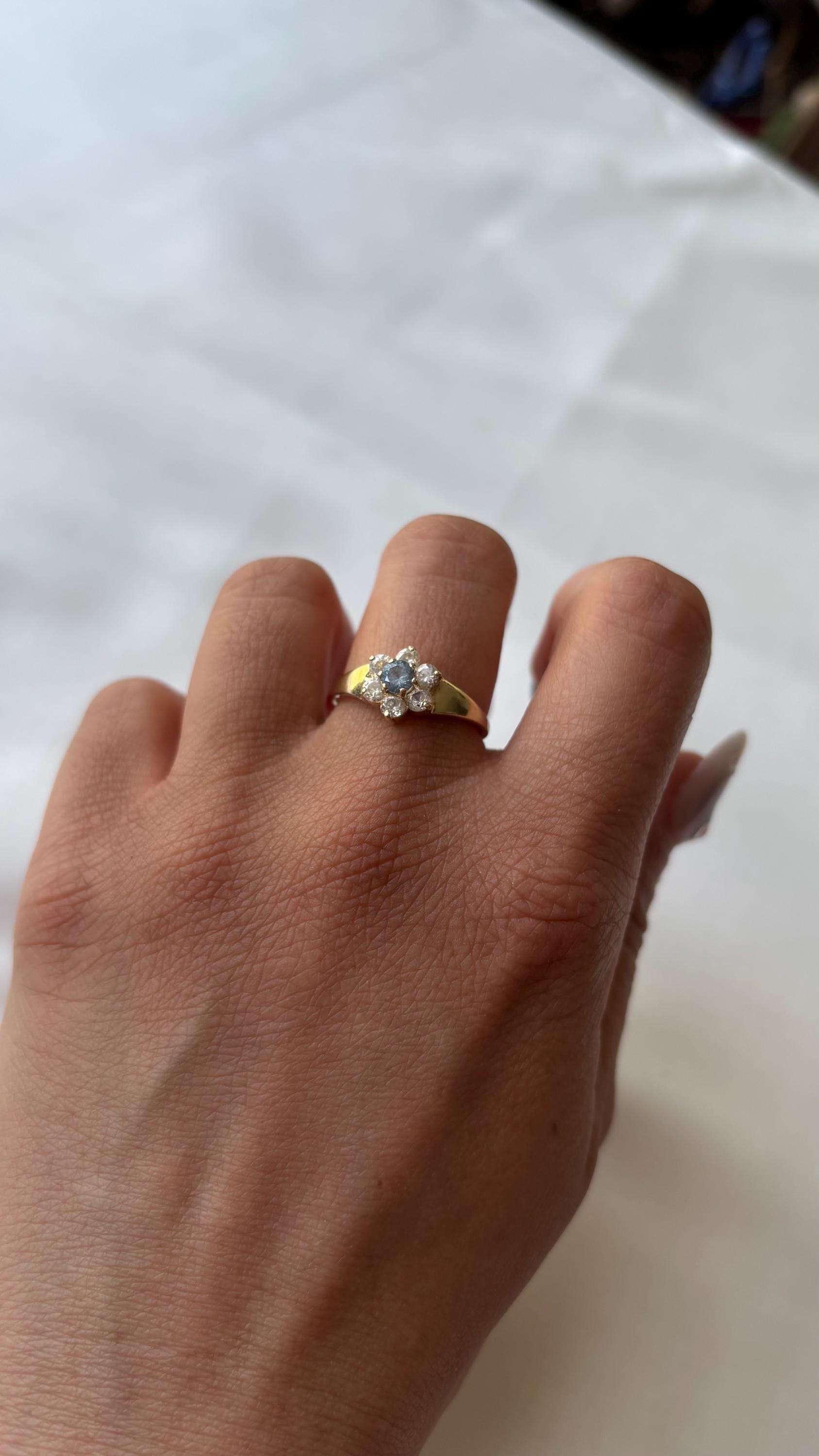 14 K 585 Vintage Gold Ring Flower Blue Topaz | Ring size 54 N 6.75 | Yellow gold | Retro style with zirconia & blue topaz