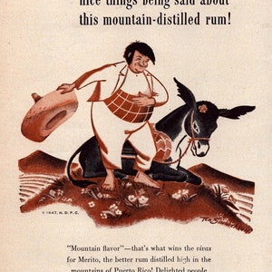 1947 Ron Merito Rum Vintage Print Ad, Puerto Rican Mountain Rum, Retro Classic Advertisement, Gift, Bar Decor