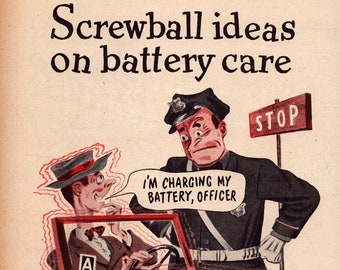 1944 Exide Battery Vintage Print Ad, Screwball Ideas on Battery Care, Retro Classic Advertisement, Wall Decor, Auto