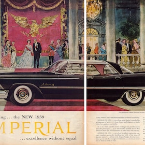 Pubblicità stampata d&#39;epoca Imperial LeBaron Silvercrest del 1959, pubblicità di auto d&#39;epoca retrò, illustrazione di Imperial LeBaron nera all&#39;Imperial Ball