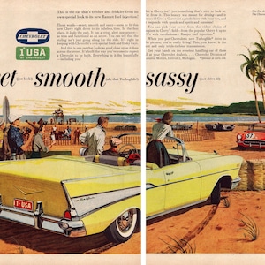 1957 Chevrolet Bel Air Convertible and 1957 Chevy Corvette Race Car Vintage Print Ad, Retro Classic Car Advertisement, Garage, Wall Decor
