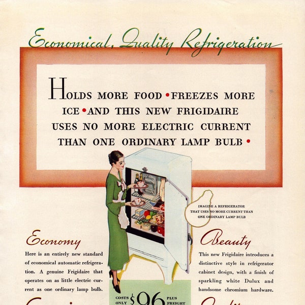 1933 Frigidaire Refrigerator Vintage Print Ad, Retro Classic Advertisement, Home Appliance, Wall Decor, Gift