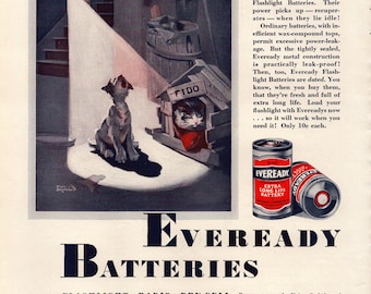 Anuncio impreso vintage de pilas Eveready de 1933, regalo para amantes de los perros y los gatos, decoración de pared