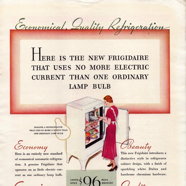 1933 Frigidaire Refrigerator Vintage Print Ad, Electric, Retro Classic Advertisement, Home Appliance, Wall Decor, Gift