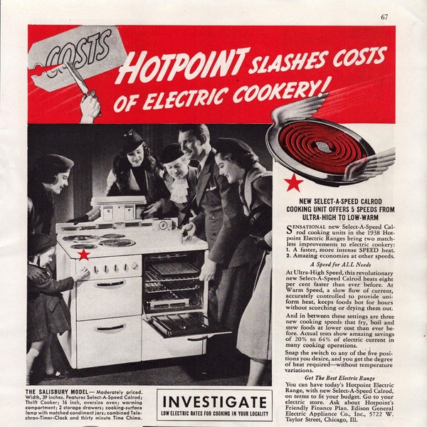 1938 Hotpoint Electric Range, Vintage Print Ad, Retro Classic Ad