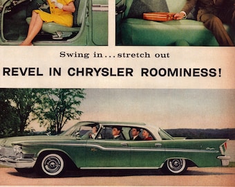 1959 Chrysler Windsor 4-Door Hardtop Vintage Print Ad, Revel in Chrysler Roominess! Retro Classic Car Advertisement, Gift, Man Cave