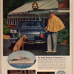 1959 Stutz Bearcat vintage print ad-retro oldtimer advertentie, eclectische Martin McMartin St. Martin III sportwagen buff, Springmaid stoffen lakens