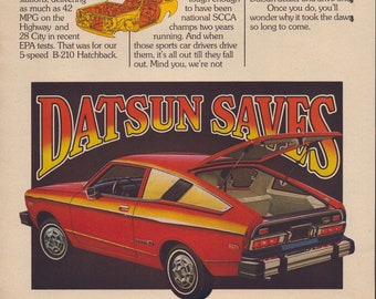 1977 Datsun B-210 Hatchback Vintage Print Ad, Retro Classic Car Advertisement, Wall Decor, Fan Cave, Gift