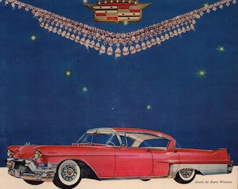 1957 Cadillac Fleetwood 60 Special Vintage Print Ad, Retro Classic Car Advertisement, Harry Winston Jewels, Retro Automobile, Garage Decor