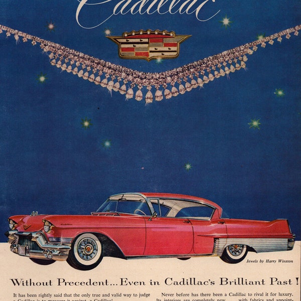 1957 Cadillac Fleetwood 60 Special Vintage Print Ad, Retro Classic Car Advertisement, Harry Winston Jewels,  Gift, Retro Automobile