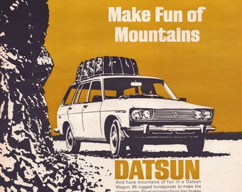 1969 Datsun Wagon Vintage Print Ad, Mountains, Retro Classic Car Advertisement, Christmas, Gift, Garage Decor, Automobile