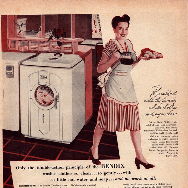 1947 Bendix Automatic Home Laundry Vintage Print Ad, Retro Classic Ad, Decor