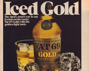Vintage 1973 VAT 69 Gold Scotch Whisky Advertisement Wall Art Retro Bar Decor Classic Liquor Print Home Bar Gift