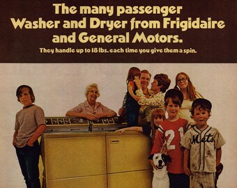 1973 Frigidaire Washer and Dryer Vintage Print Ad, Retro Classic Advertisement, Vintage Gold Appliances, Large Family with Dog and Grandma