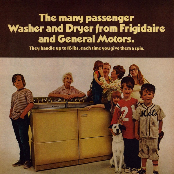 1973 Frigidaire Washer and Dryer Vintage Print Ad, Retro Classic Advertisement, Vintage Gold Appliances, Large Family with Dog and Grandma