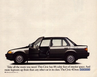 1989 Honda Civic 4Door Sedan Vintage Print Ad, Retro Classic Car Advertisement, Fan Cave, Gift