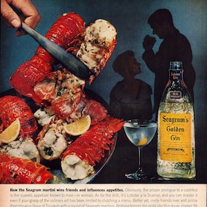 May include: An advertisement featuring a platter of cooked lobster with lemon wedges, a bottle of Seagram's Golden Gin, and a martini glass. Silhouettes of people are in the background. The text reads "Seagram's Golden Gin."
