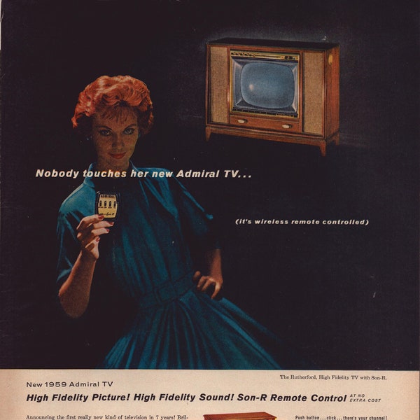 1959 New Admiral TV Vintage Print Ad, Wireless Remote-Controlled, Retro Classic Advertisement
