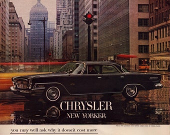 1962 Chrysler New Yorker Vintage Print Ad, Retro Classic Car Advertisement, Automobile, Garage Decor