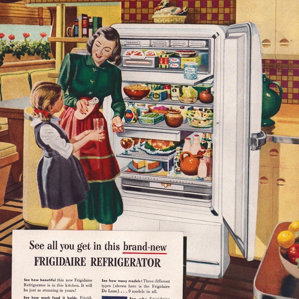 1948 Frigidaire Refrigerator Vintage Print Ad, By General Motors, Retro Classic Advertisement, Wall Decor, Appliance