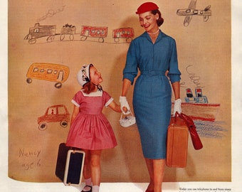 1955 Bell Telephone System Long Distance Vintage Print Ad, Make Your Travel Plans by Long Distance Telephone Call, Mom & Daughter Traveling