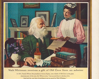 1962 Old Crow Bourbon Vintage Print Ad, Retro Classic Advertisement, Illustration-Walt Whitman Receives Gift of Old Crow, Wall and Bar Decor