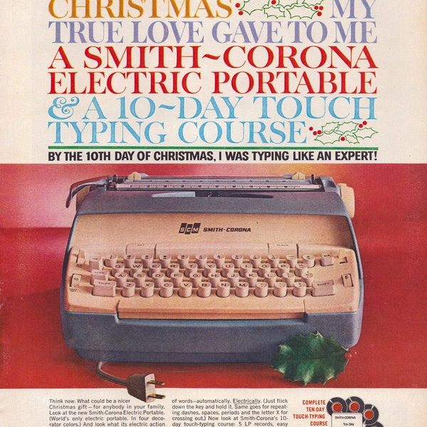 1961 Smith-Corona Electric Portable Typewriter Vintage Print Ad, First Day of Christmas My True Love Gave to Me, Retro Classic Ad