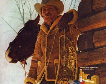 1969 Marlboro Cigarettes Vintage Print Ad, Cowboy, Retro Classic Advertisement, Wall Decor