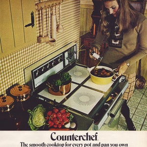 1972 Magic Chef Counterchef Electric Herde Vintage Print Ad, Glattes Kochfeld, Retro Classic Werbung, Zuhause Bild 1