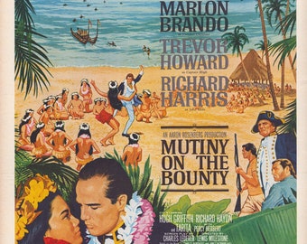 Publicité imprimée vintage du film Mutiny on the Bounty de 1962, MGM, Marlon Brando, publicité classique rétro, décoration murale, cadeau