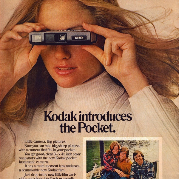 Publicité imprimée vintage pour appareil photo Kodak Pocket Instamatic de 1972, publicité rétro classique, cadeau, décoration murale