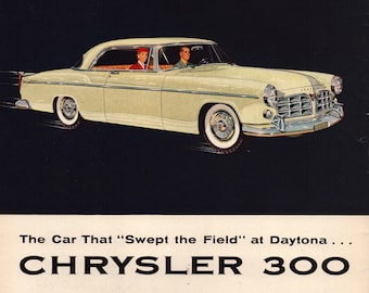 1955 Chrysler 300 Vintage Print Ad, Retro-Oldtimerwerbung, Nassar Daytona Beach 1st & 2nd Platz Auto, Amerikas starkes Stock Car