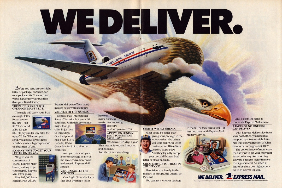 1989 United States Postal Service Express Mail Vintage Print Ad, USPS, We Deliver, the Eagle