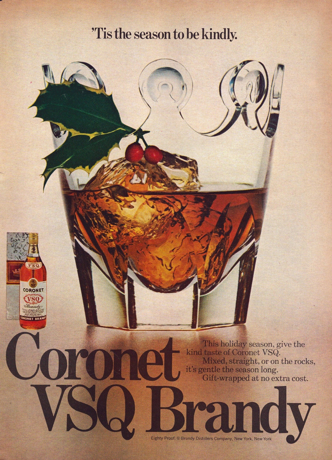 1970 VSQ Brandy Vintage Print Ad, tis the Season to Be Kindly