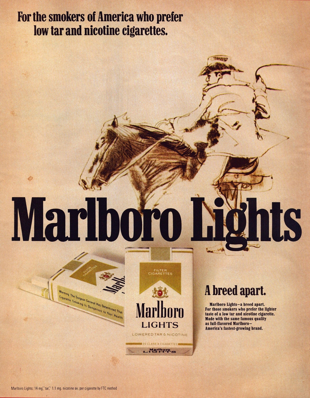 1972 Marlboro Lights Cigarettes Vintage Print Ad, Smokers Who Prefer