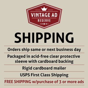 May include: Vintage Ad Reserve logo with a crown above the text. The text "SHIPPING" is in large bold letters. The text below reads: "Orders ship same or next business day. Packaged in acid-free clear protective sleeve with cardboard backing. Rigid cardboard mailer. USPS First Class Shipping. FREE SHIPPING w/purchase of 3 or more ads."