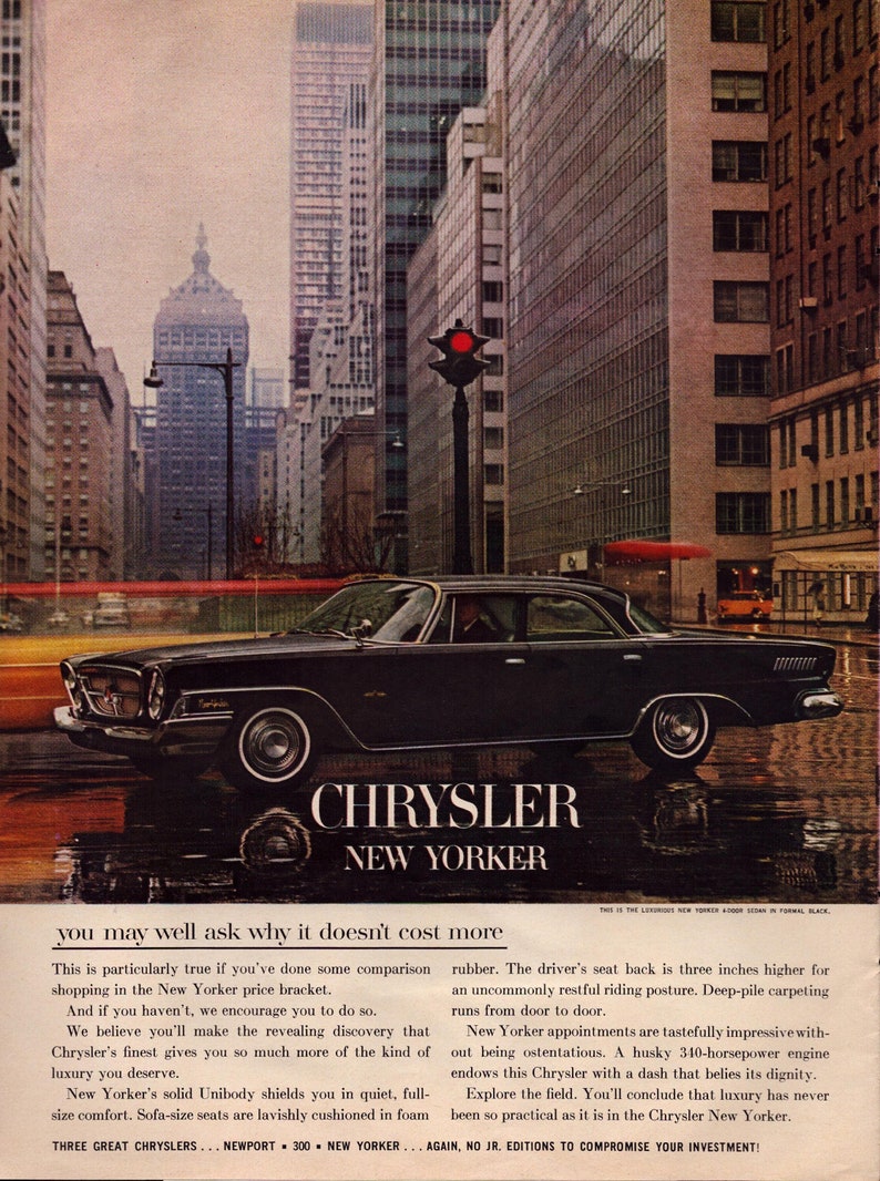 1962 Chrysler New Yorker Vintage Print Ad, Retro Classic Car Advertisement, Automobile image 1